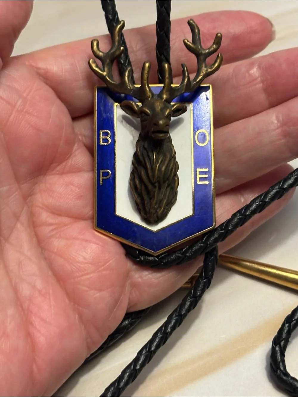 Vintage B.P.O.E. Brass Stag Bolo Tie with Blue & White Enamel Accent
